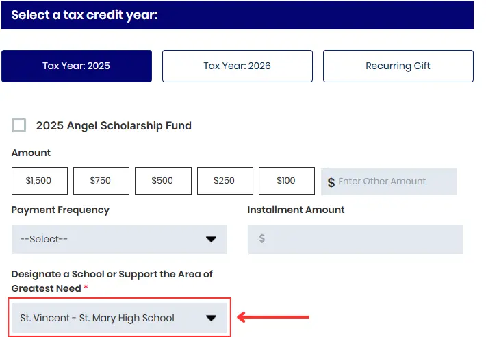 Online Giving Diagram with St. Vincent-St. Mary High School selected under Designate a School or Support the Area of Greatest Need field.